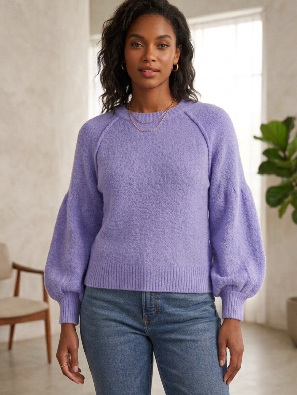 Double Zero Cozy Knit Raglan Crewneck Sweater Mystical Haze (Lavender Purple)